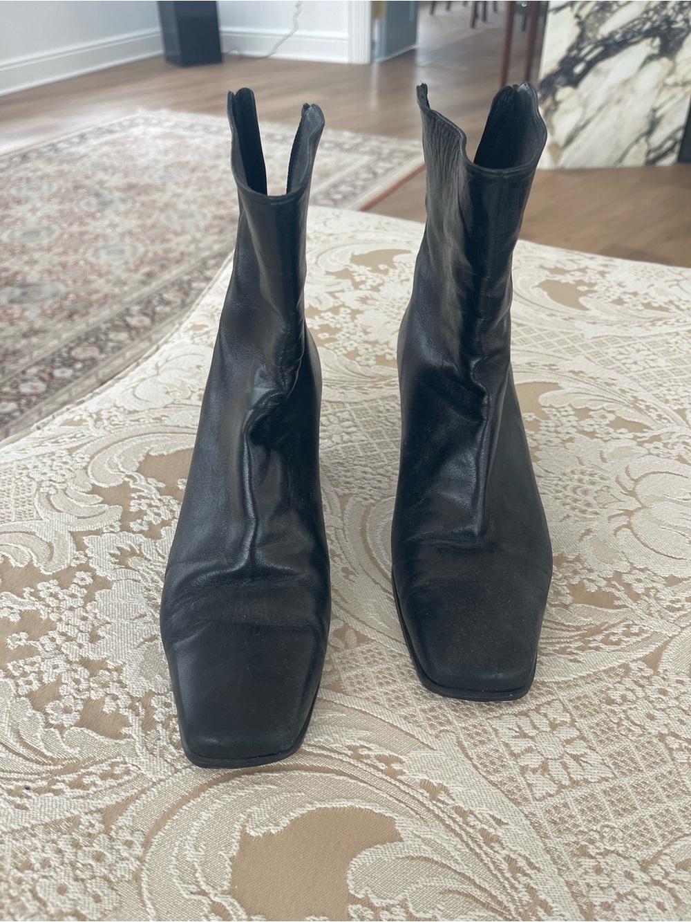 Stuart Weitzman Black Leather Square-Toe Ankle Boots